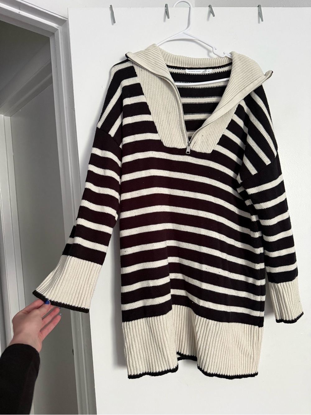 Altar'd State Cream & Black Striped Half-Zip Sweater Dress